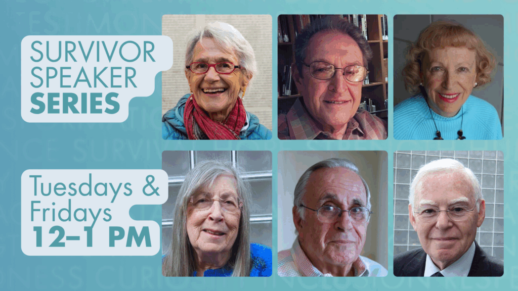 Graphic showing six Holocaust Survivors, Steen Metz, Ida Kersz, Sharon Silver, Marguerite Mishkin, Ralph Rehbock, Ben Goldwater, and Marion Deichmann, for Illinois Holocaust Museum presents Experience360's Survivor Speaker Series.